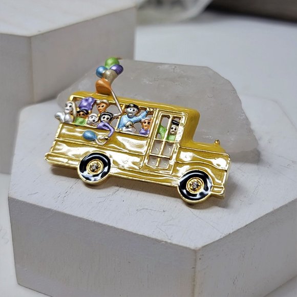 Cute Yellow School Bus Pin Brooch Enameled, Kids, Rhinestones - Picture 2 of 7